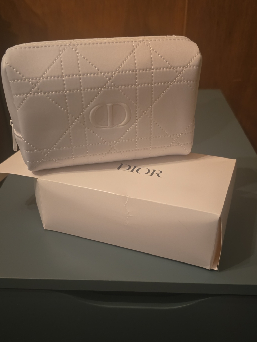 Dior Cream Quilted Cosmetic Pouch with Embossed CD Logo